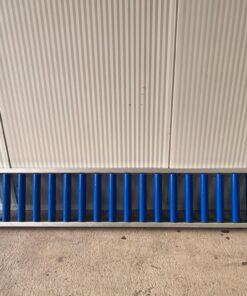 A Roller Conveyor 8'x15" with a blue stripe on it.